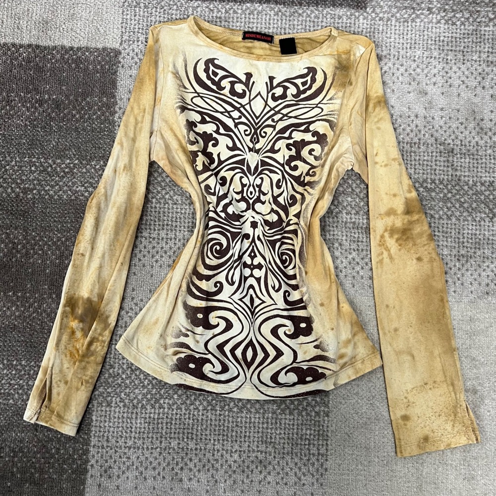 Misdemeanor Womens Y2K Tribal Graphic Long Sleeve Top Tan Brown Grunge Size M